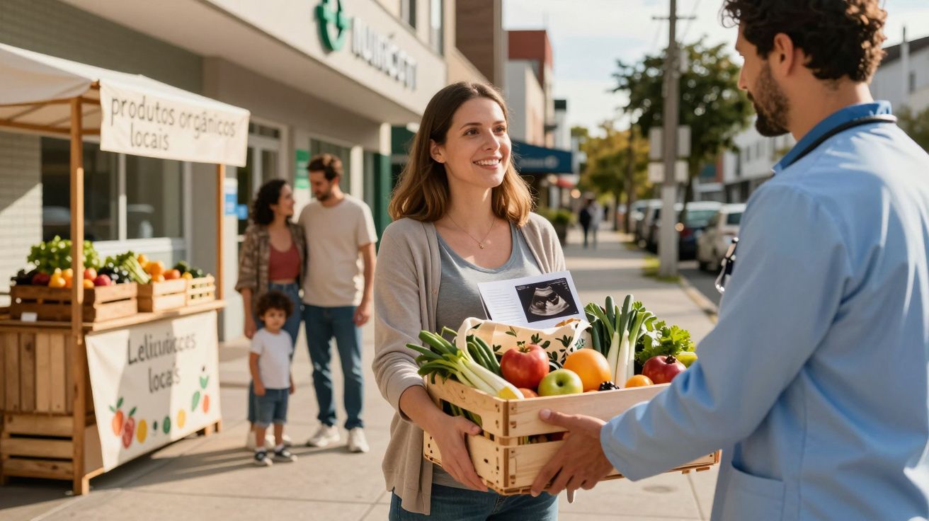 Mulher sorridente recebendo cesta de produtos orgânicos em mercado local ao ar livre.