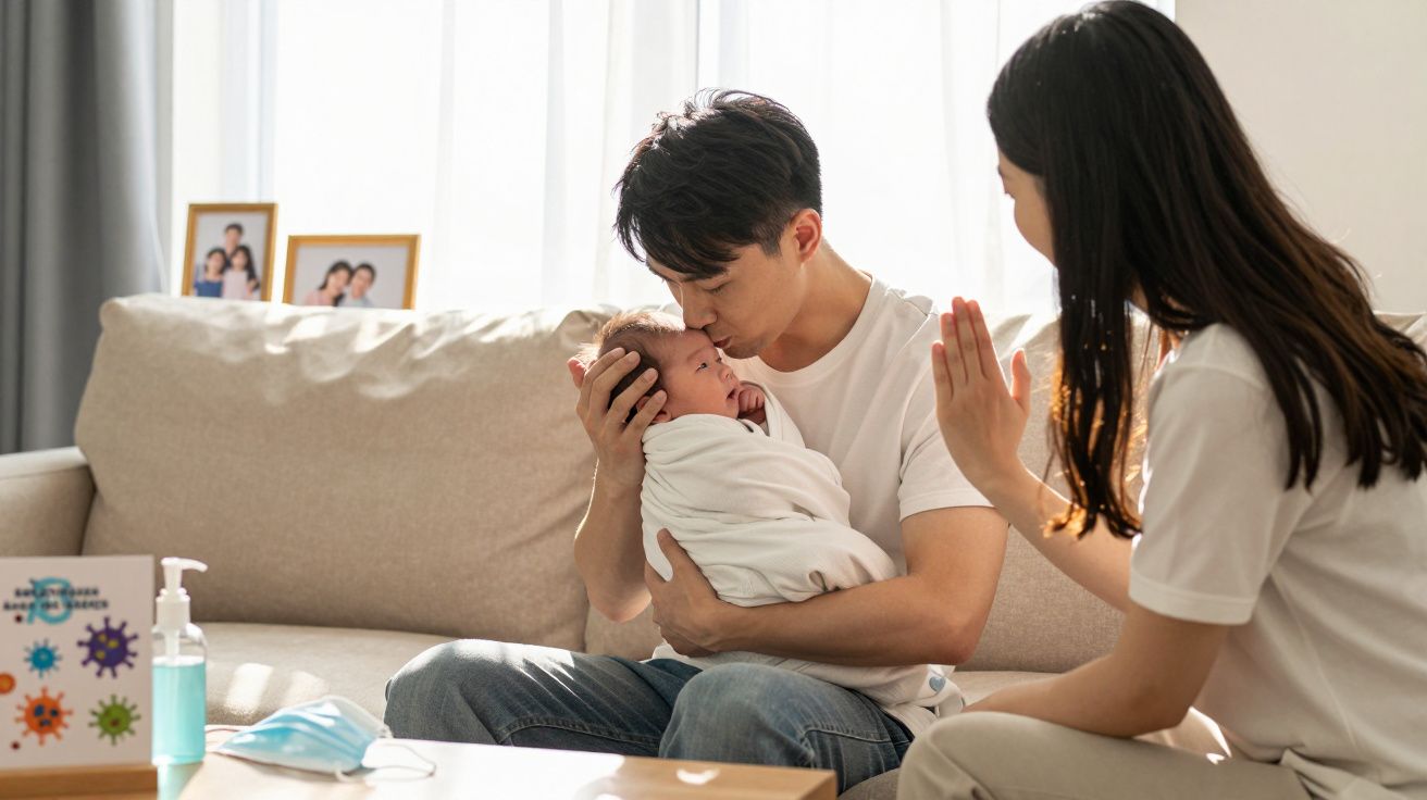 Pai abraça e beija bebê enrolado em manta, enquanto mulher assente com a mão levantada em sala iluminada.