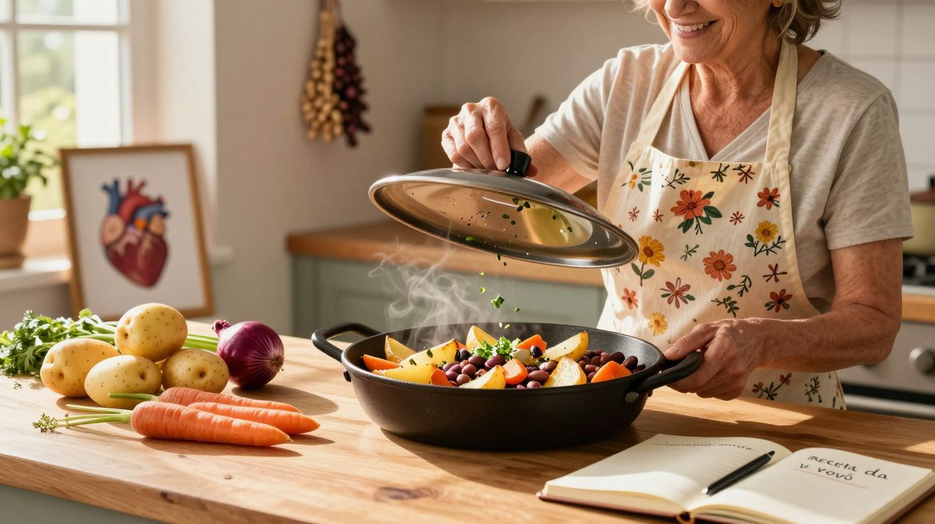 Mulher idosa cozinha legumes em panela enquanto lê receita em caderno na cozinha iluminada.