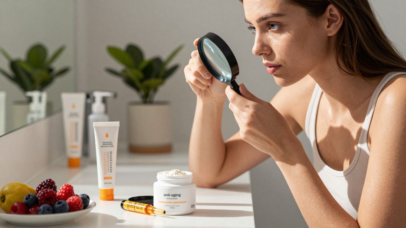 Mulher usando lupa para examinar produtos de skincare anti-idade sobre bancada de banheiro.