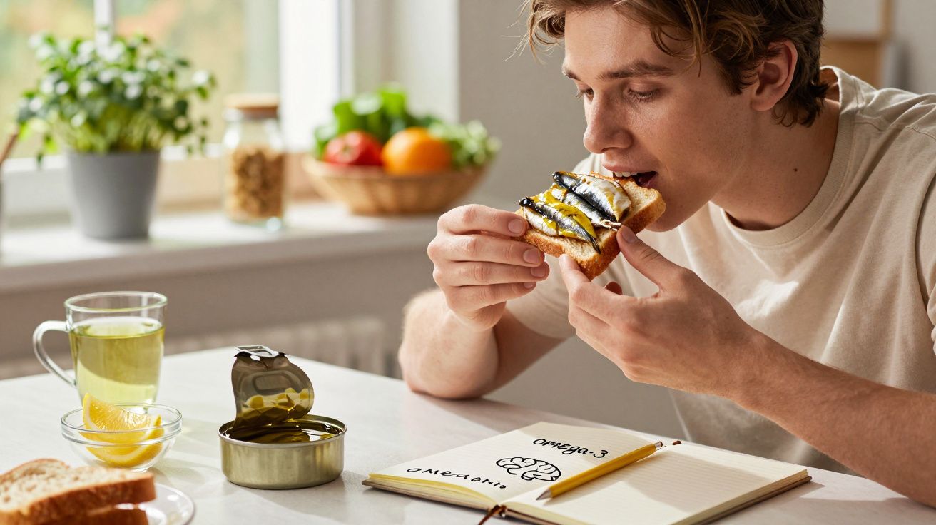 Homem comendo torrada com sardinhas em cozinha iluminada, ao lado de caderno e copo de chá com limão.