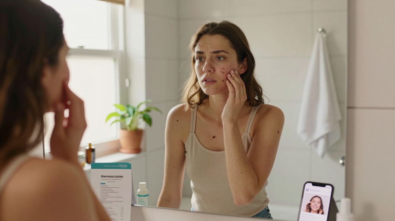 Mulher inspecionando espinhas no rosto diante do espelho no banheiro.