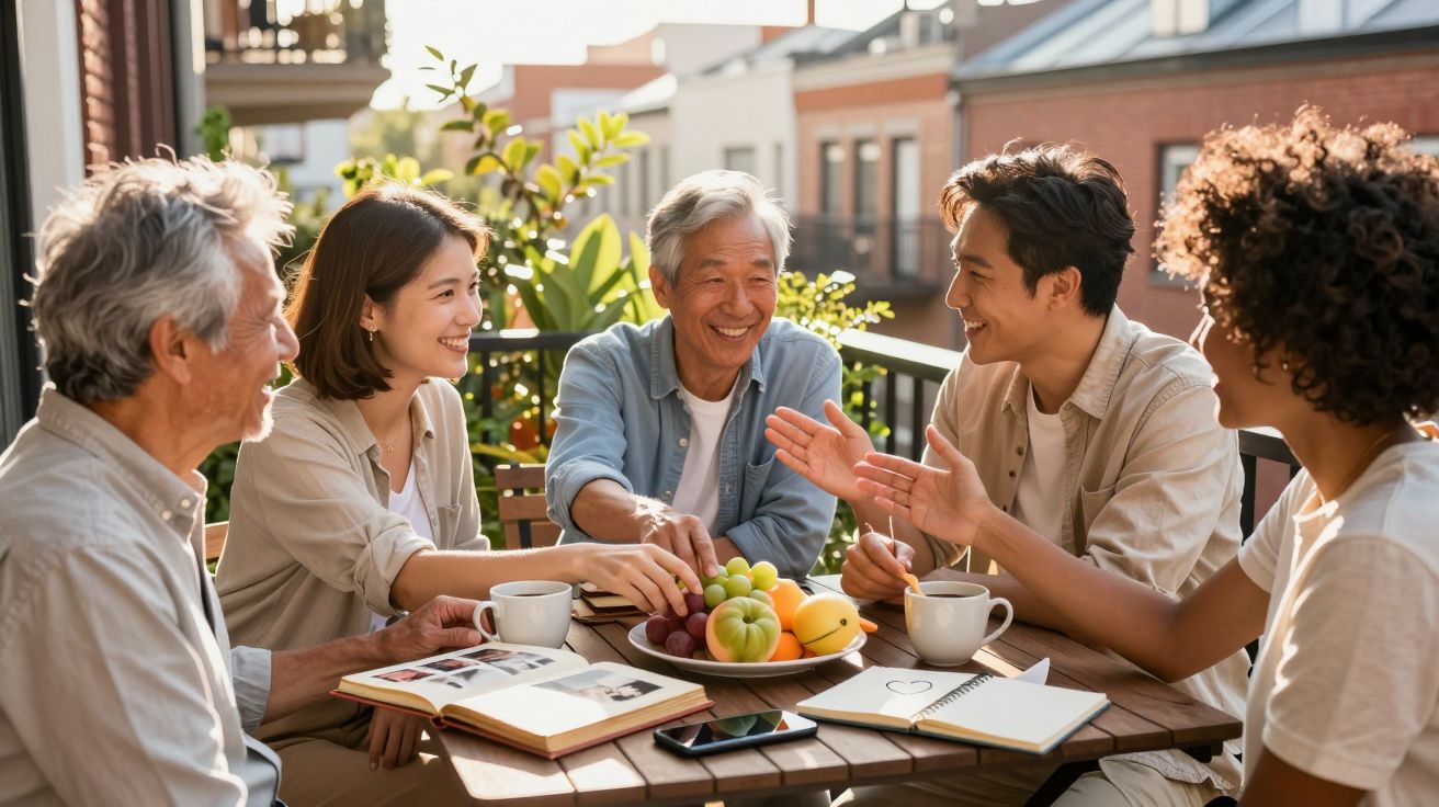 Grupo diverso de pessoas conversando e sorrindo em torno de mesa com frutas e cadernos.