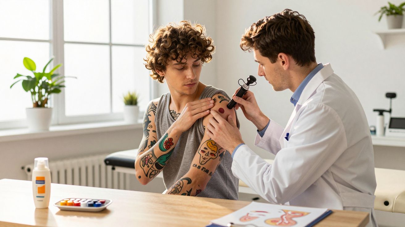 Médico dermatologista examina pinta vermelha no braço de paciente com tatuagens em consultório iluminado.