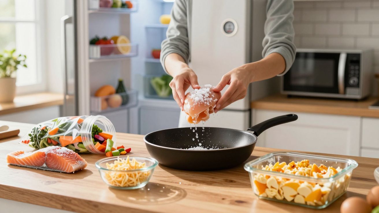 Pessoa preparando ovo na frigideira em cozinha moderna com ingredientes frescos sobre bancada de madeira.