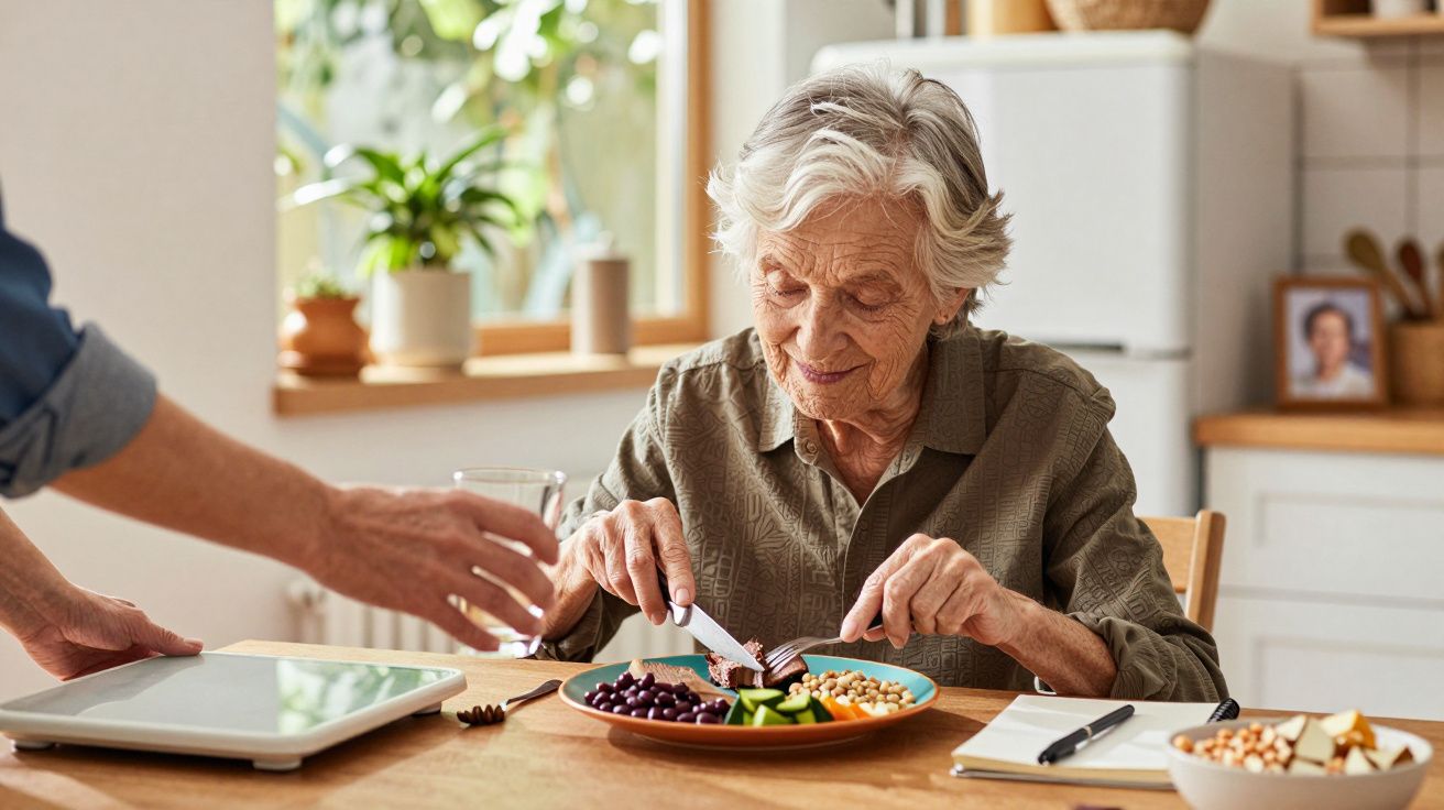 Idosa cortando alimentos no prato enquanto recebe um copo de água em uma cozinha iluminada.