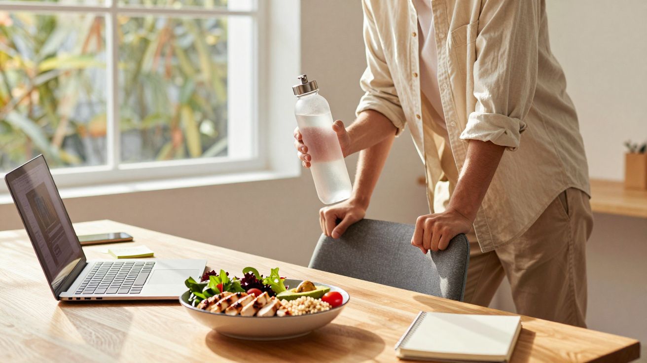 Pessoa segurando garrafa de água perto de prato com salada e laptop em mesa iluminada por luz natural.