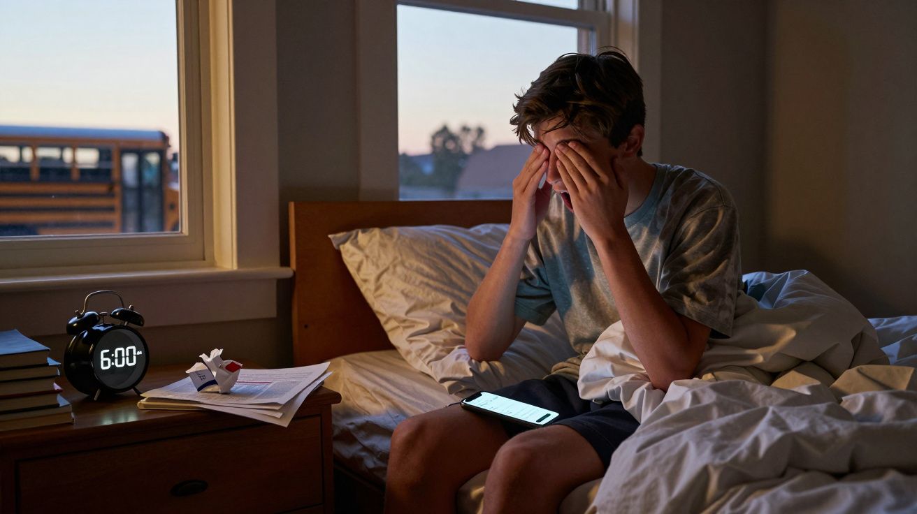 Garoto sentado na cama ao amanhecer, cobrindo o rosto com as mãos, ao lado de um celular e relógio marcando 6h00.