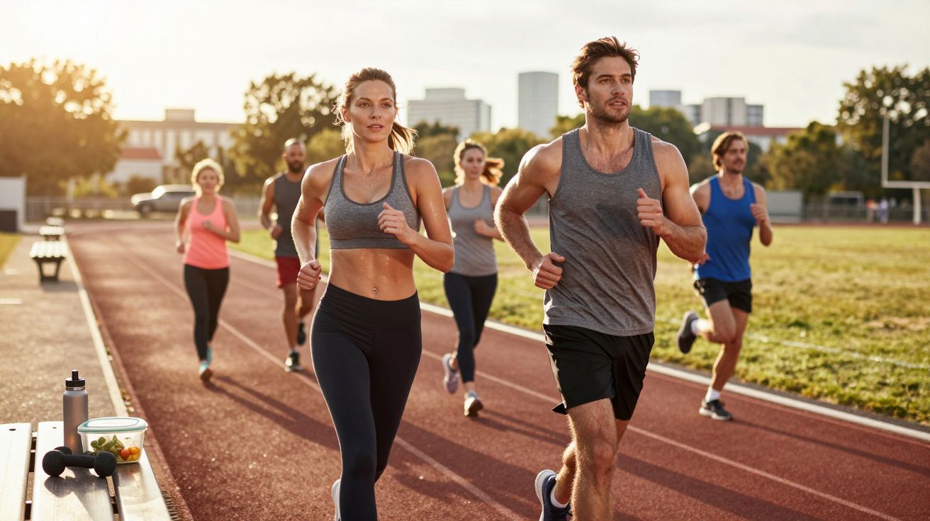 Grupo de pessoas correndo em pista ao ar livre ao pôr do sol, vestindo roupas esportivas.