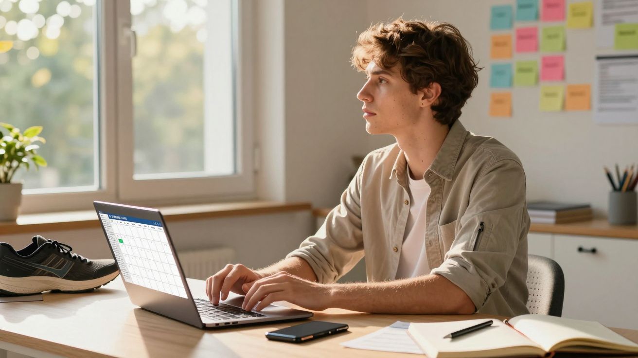 Jovem sentado em mesa com laptop aberto em calendário, olhando pela janela em ambiente de trabalho.