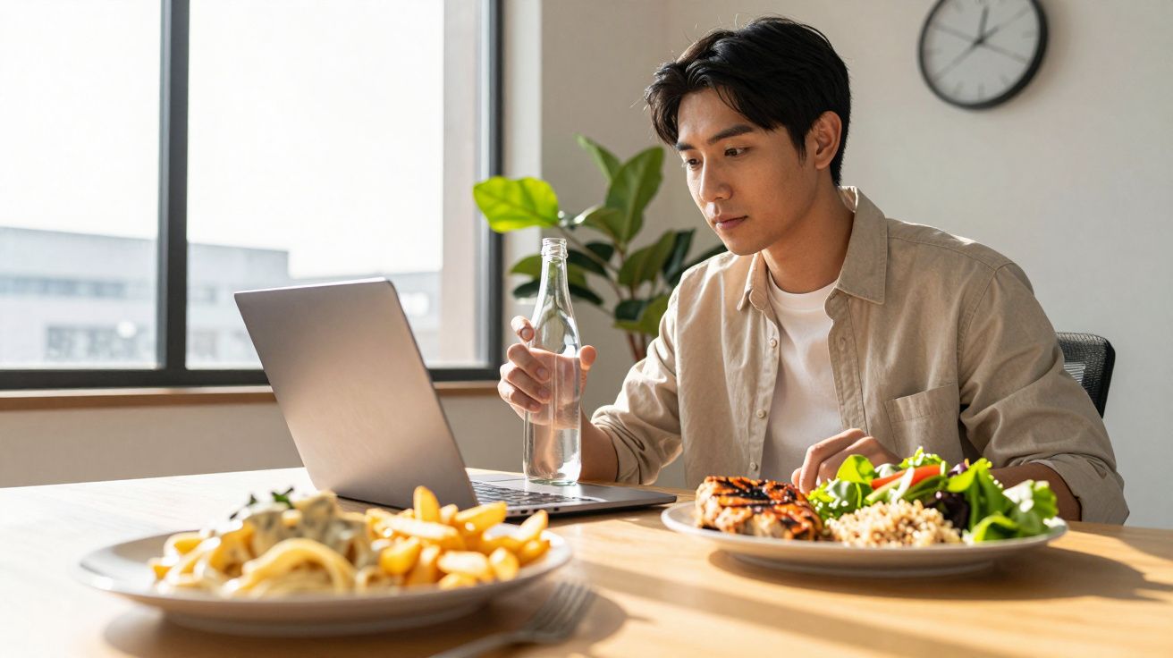 Homem sentado à mesa com prato de comida saudável, olhando para laptop e segurando garrafa de água.
