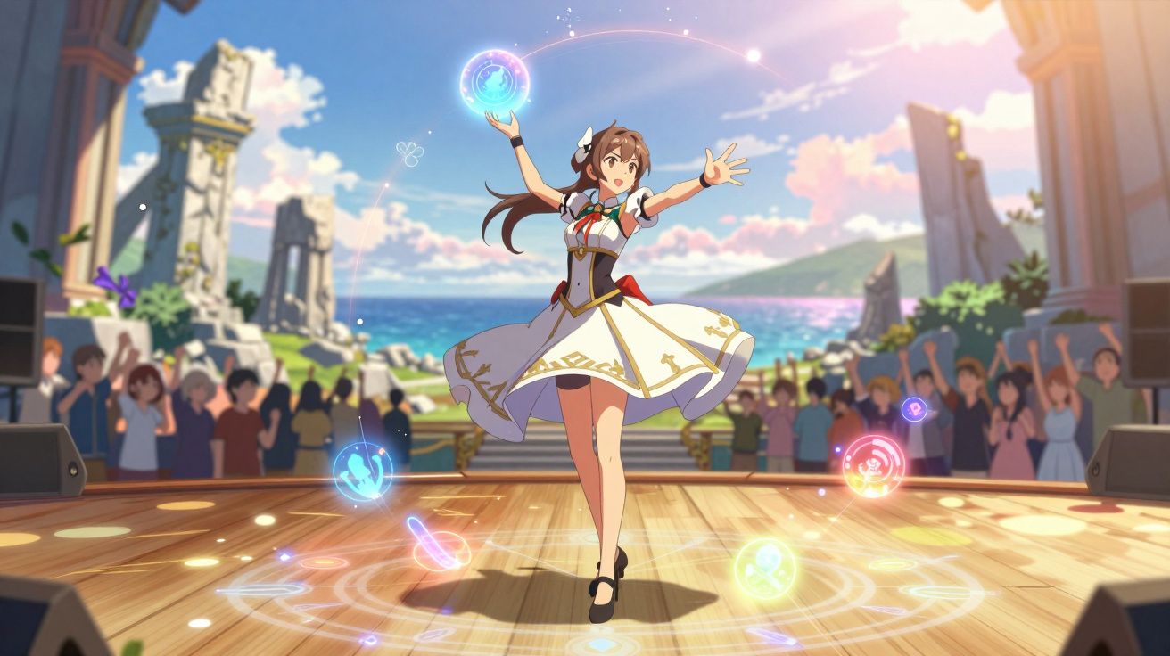 Jovem dançando em palco ao ar livre com público e símbolos mágicos coloridos ao redor, fundo de mar.