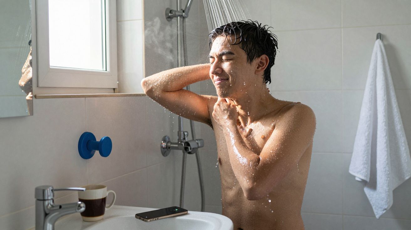 Jovem tomando banho no chuveiro de banheiro moderno com toalha branca pendurada na parede.