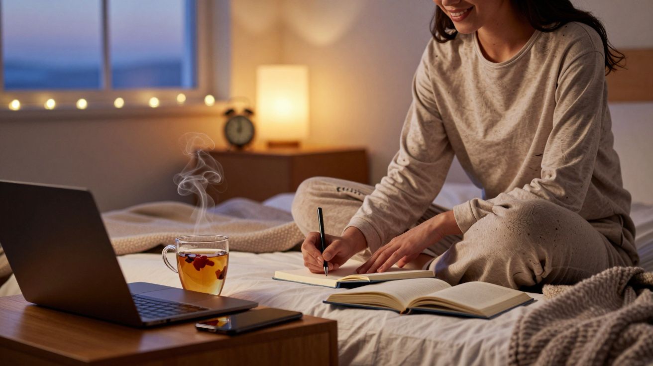 Mulher sentada na cama à noite, escrevendo em caderno, com laptop, chá quente e celular ao lado.
