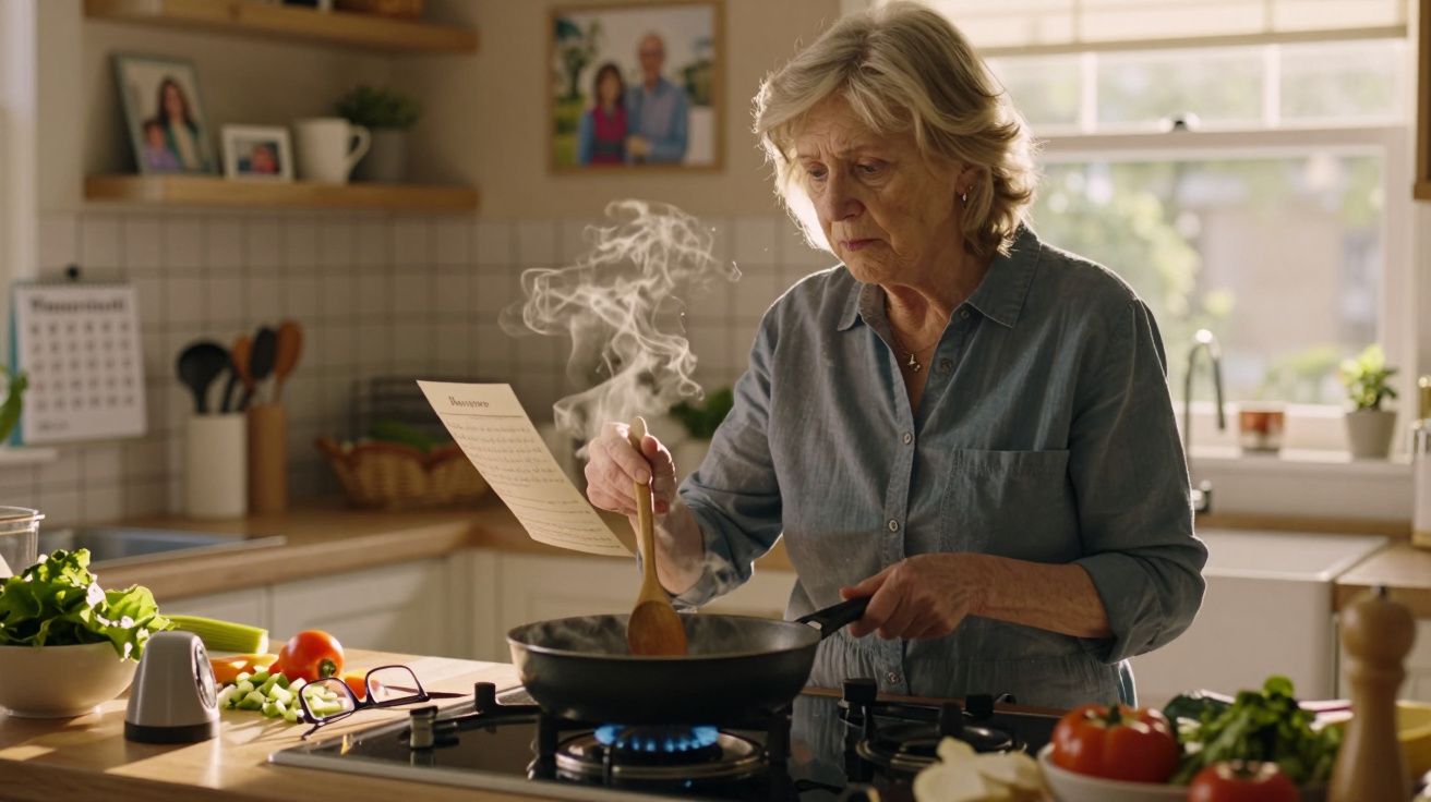 Mulher idosa cozinhando e lendo receita em papel na cozinha ensolarada.