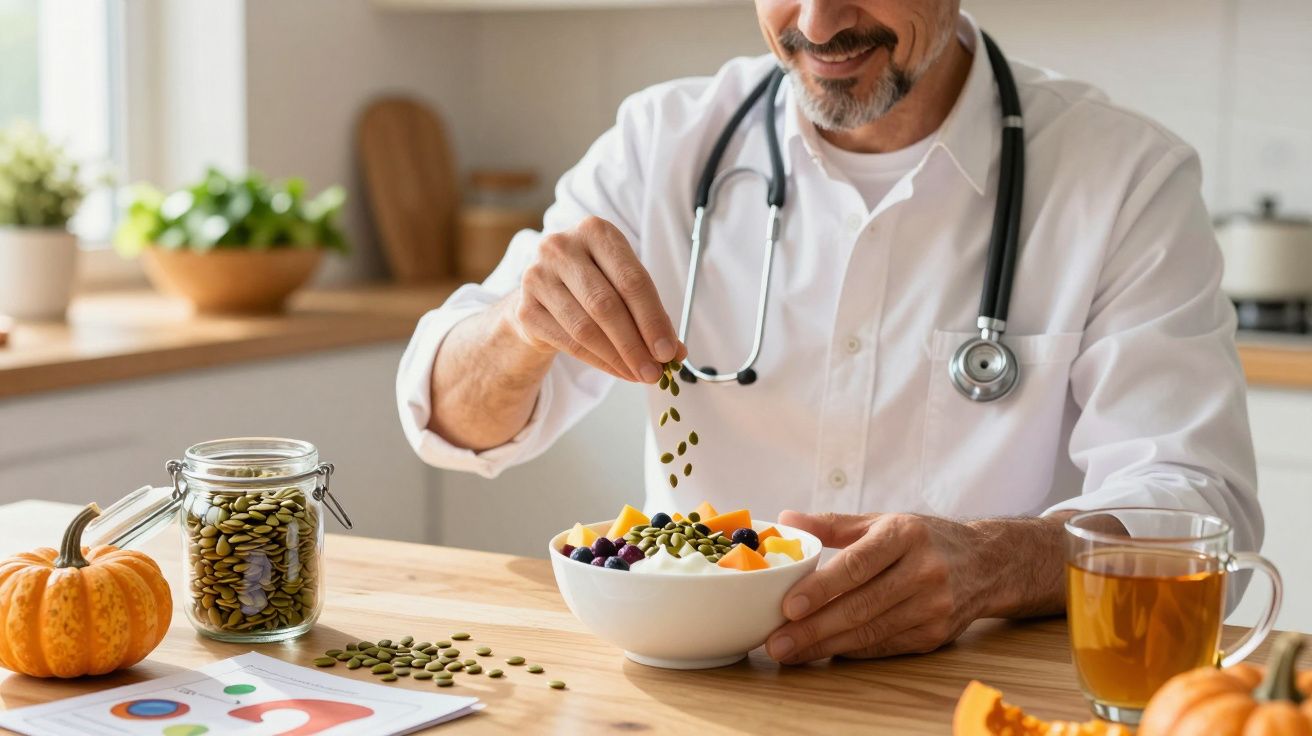 Homem com jaleco e estetoscópio adiciona sementes em tigela de frutas e iogurte em cozinha iluminada.