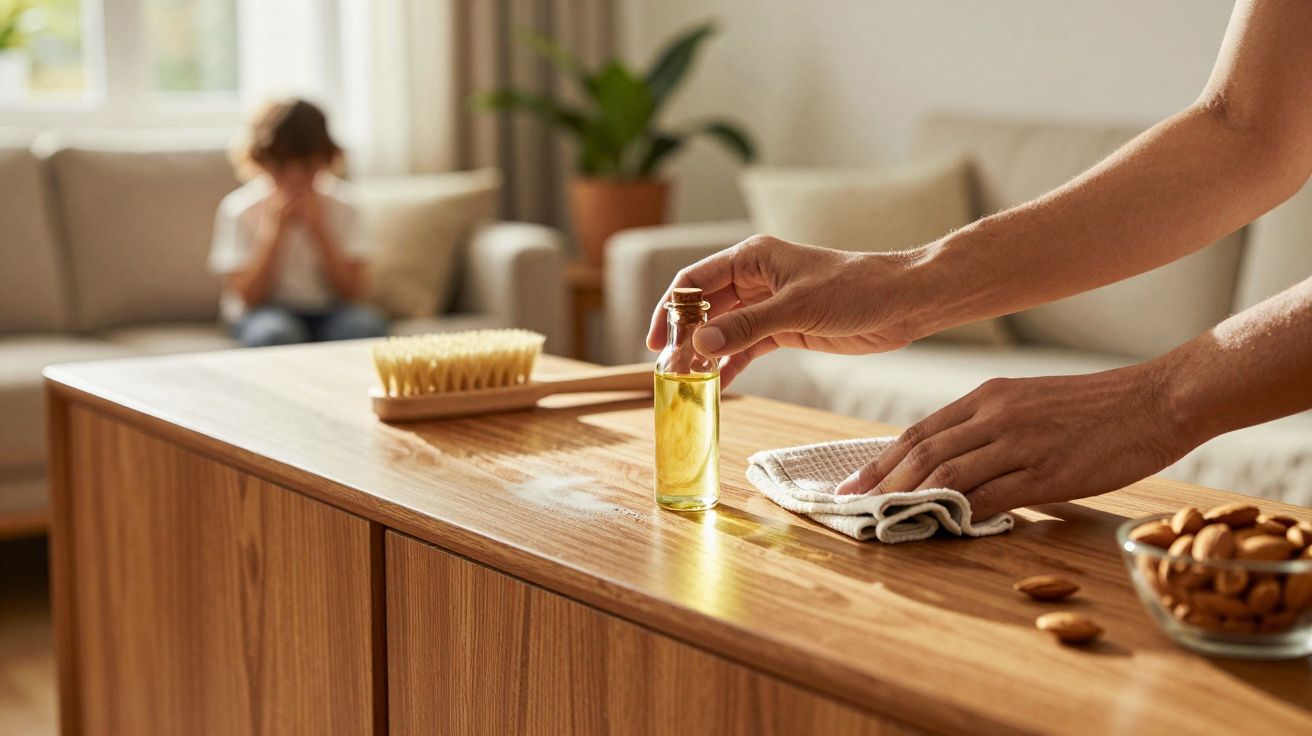 Mãos limpando superfície de madeira com pano e óleo, criança ao fundo sentada no sofá com rosto nas mãos.