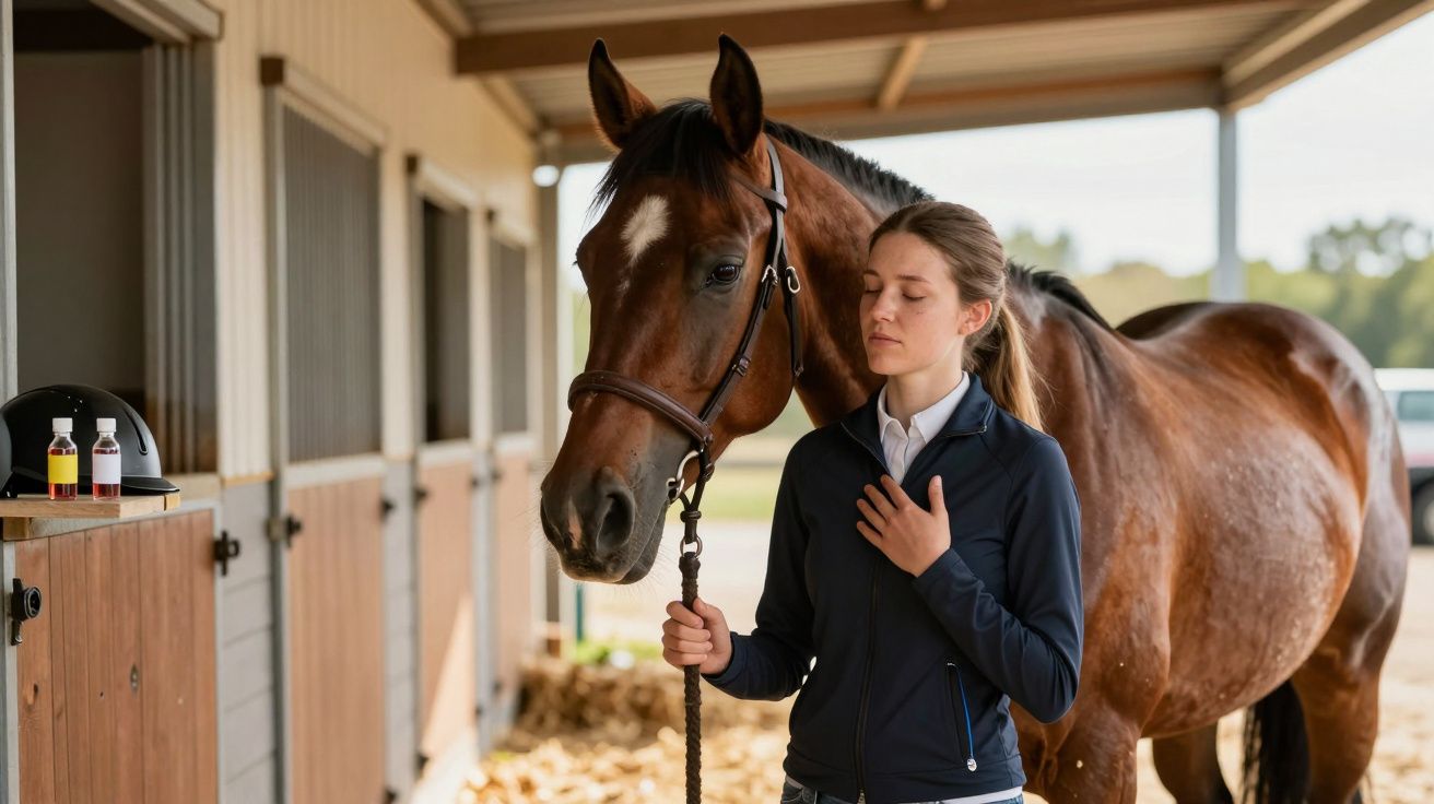 Jovem segurando corda de cavalo castanho em estábulo, ambos com expressão calma e olhos fechados.
