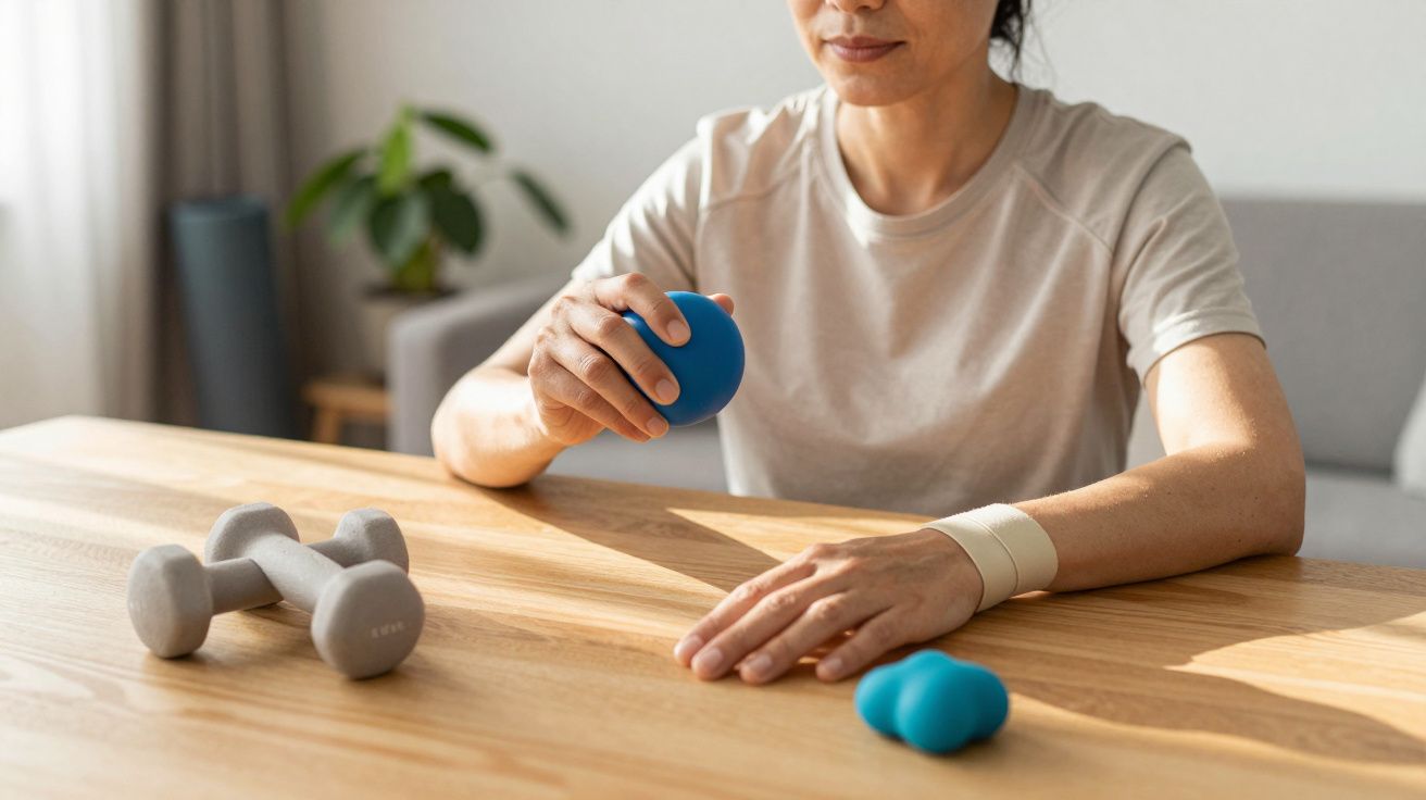Mulher fazendo exercícios de reabilitação para as mãos com bola de borracha azul em mesa de madeira.