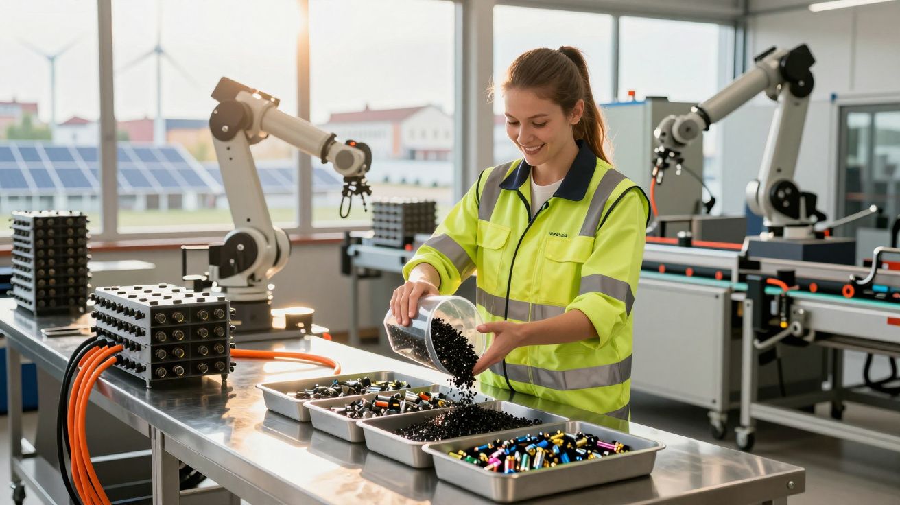 Mulher com jaqueta refletiva despeja peças plásticas pretas em bandejas em fábrica com robôs industriais.