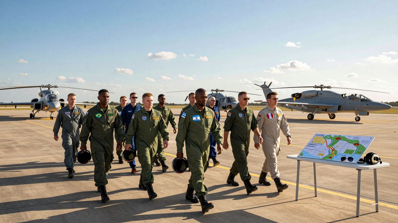 Grupo de pilotos militares caminhando em pista com helicópteros e jato ao fundo em dia ensolarado.