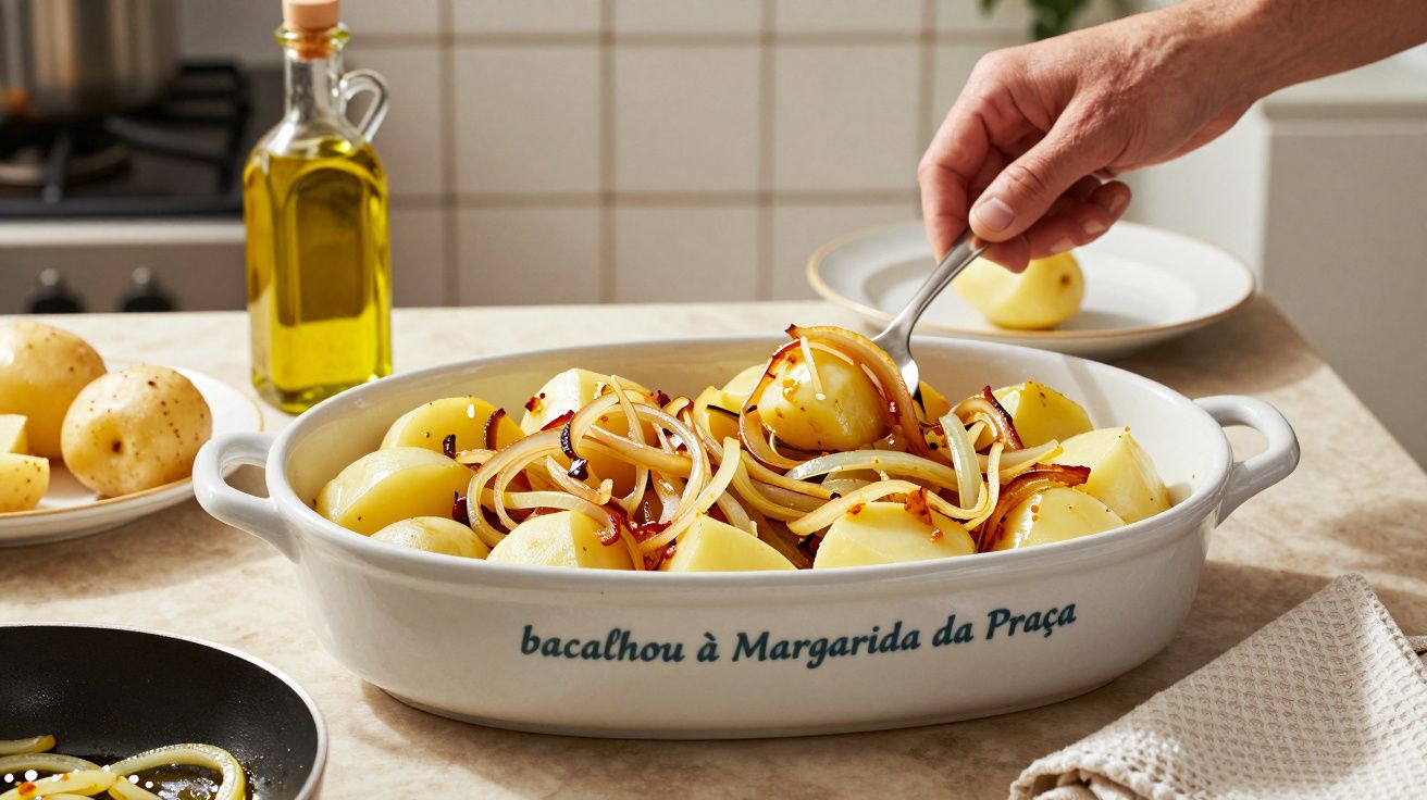 Mãos servindo batatas cozidas com cebolas douradas em travessa branca na cozinha.