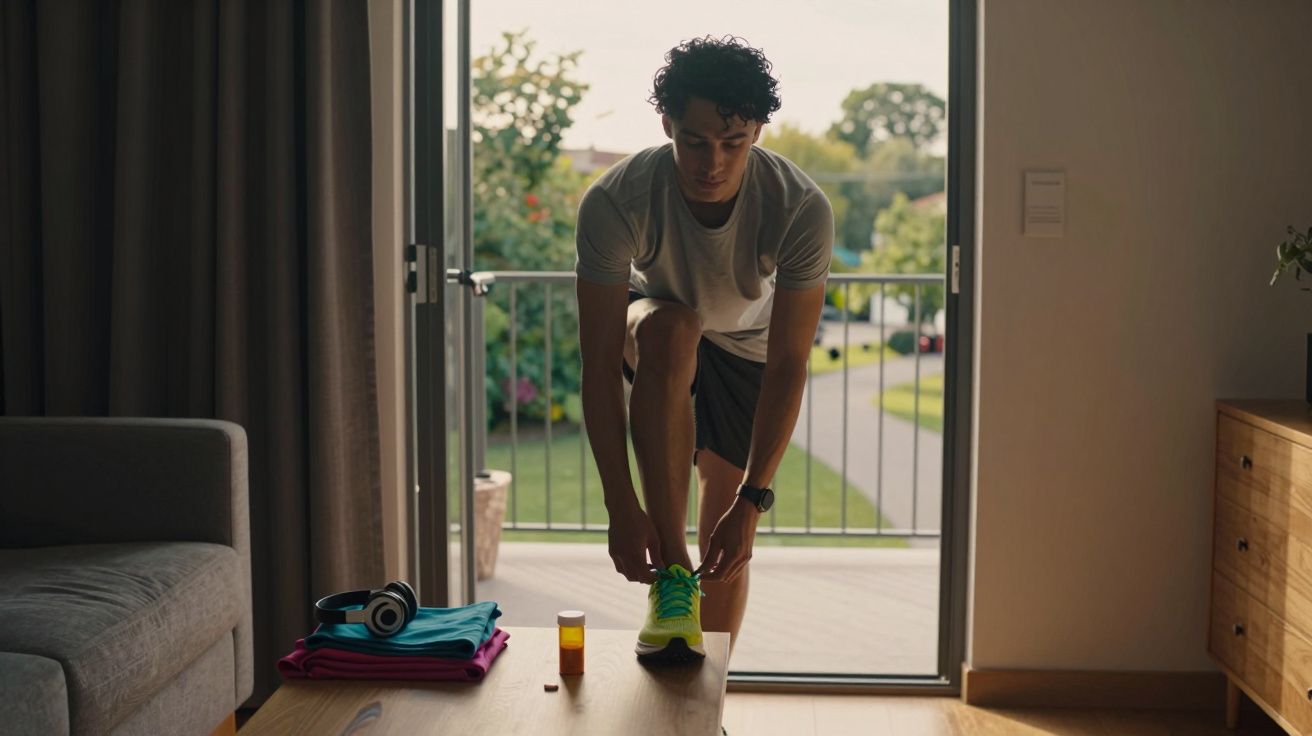 Homem amarrando tênis esportivo em sala próxima a varanda com remédio sobre a mesa de madeira.