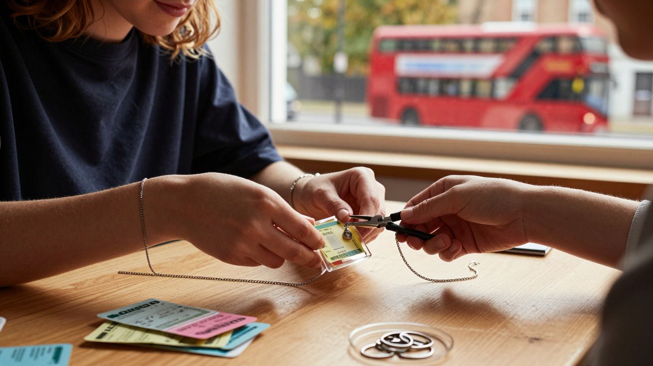 Duas pessoas trocando crachá com chaveiro em mesa de madeira, com ônibus vermelho visto pela janela.