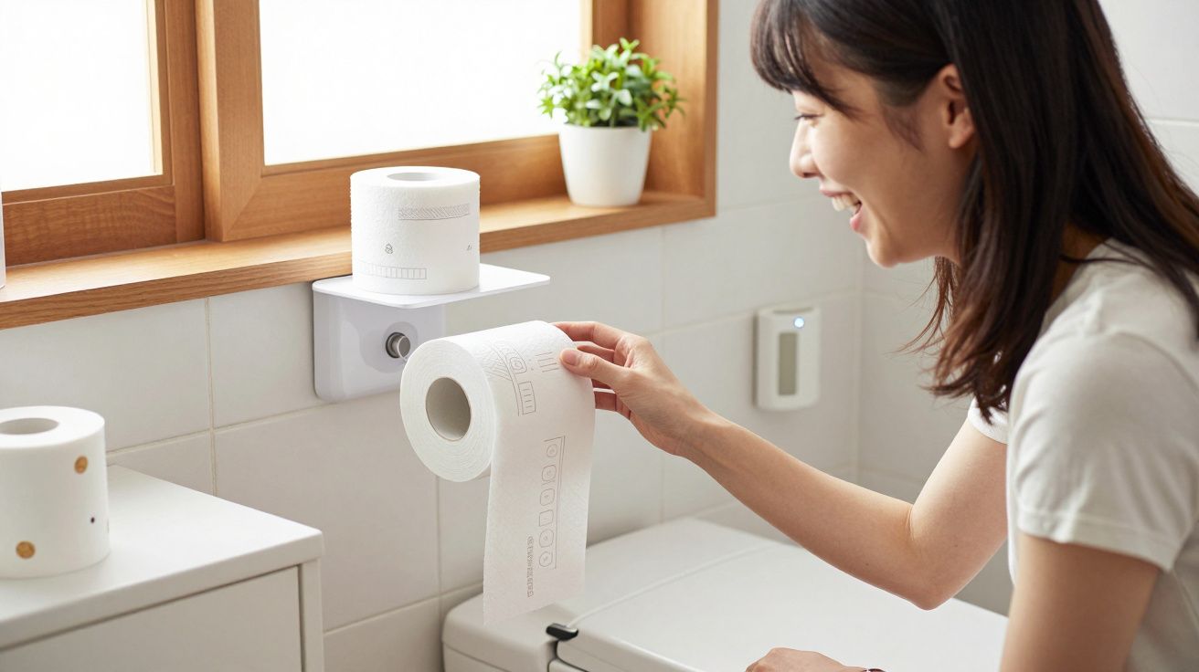 Mulher sorrindo pega papel higiênico em suporte fixado na parede de banheiro iluminado.