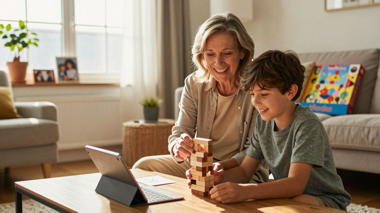 Idosa e menino brincam juntos com blocos de madeira enquanto assistem algo em tablet na sala de estar.