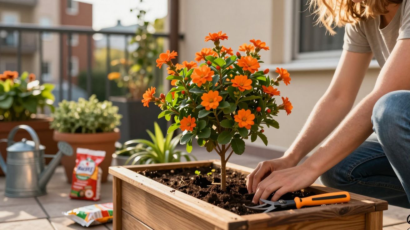 Pessoa cuidando de planta com flores laranja em vaso de madeira em varanda ao ar livre.