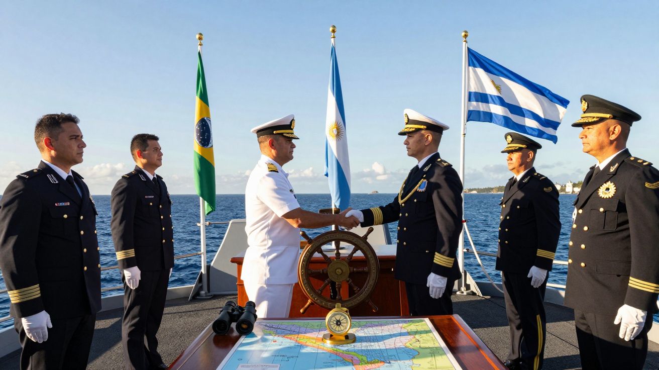 Oficiais navais da Brasil, Argentina e Uruguai em cerimônia de cumprimentos a bordo de navio no mar.