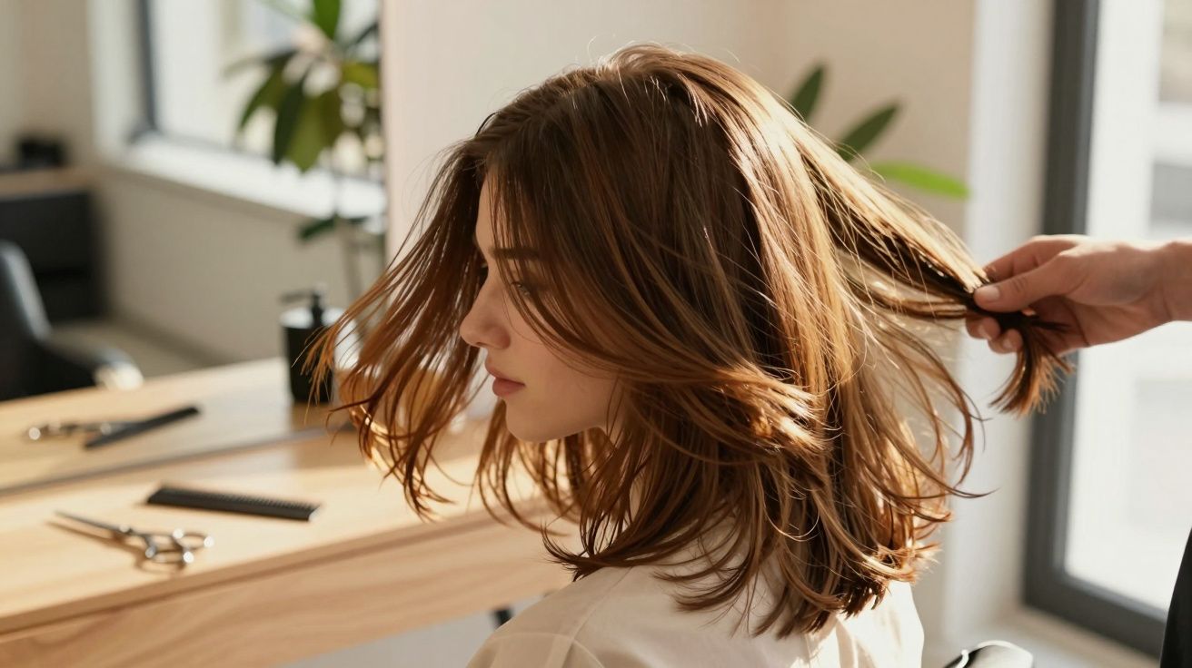 Mulher loira em salão de beleza sendo preparada para corte de cabelo por cabeleireiro.