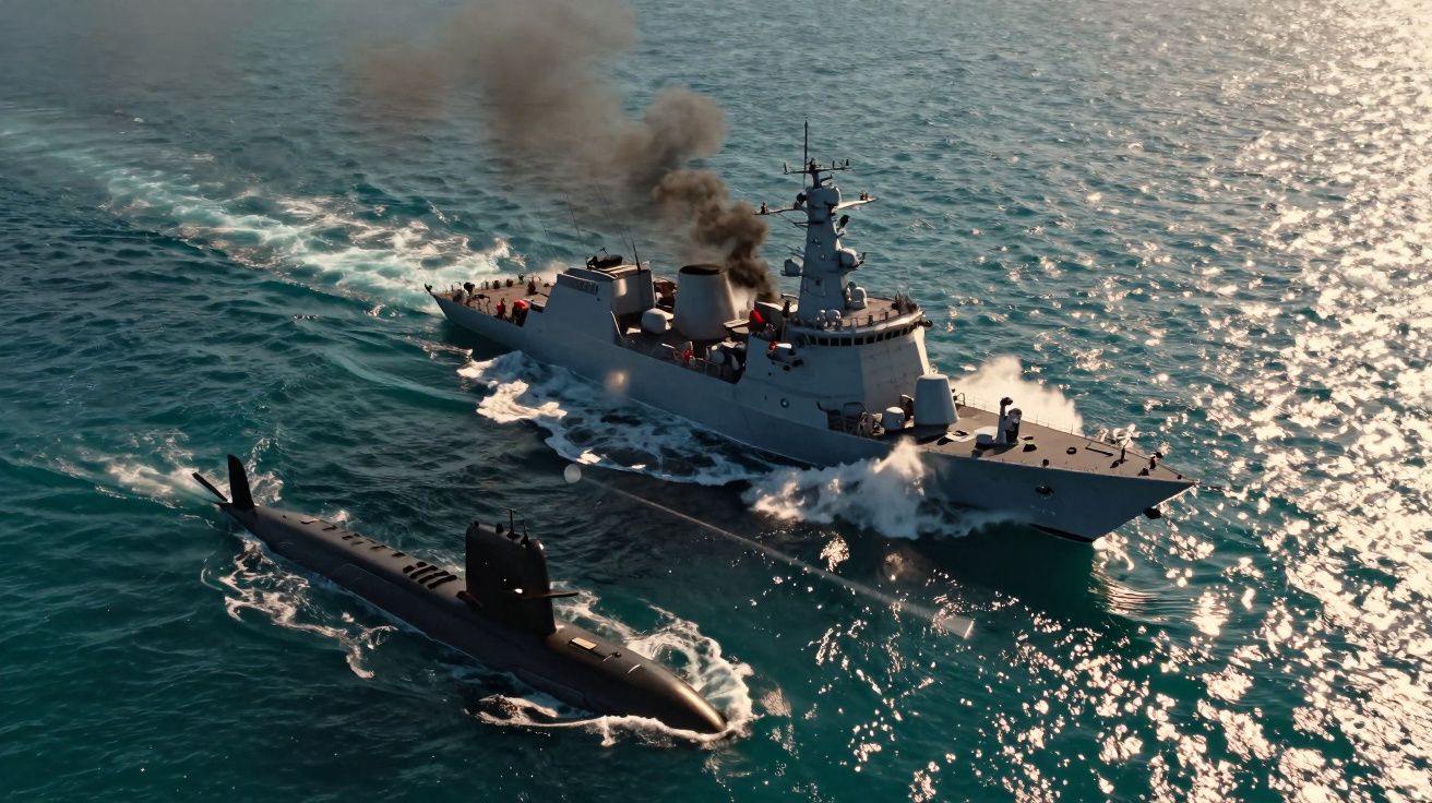 Navio de guerra emitindo fumaça escura navegando próximo a um submarino em mar calmo.