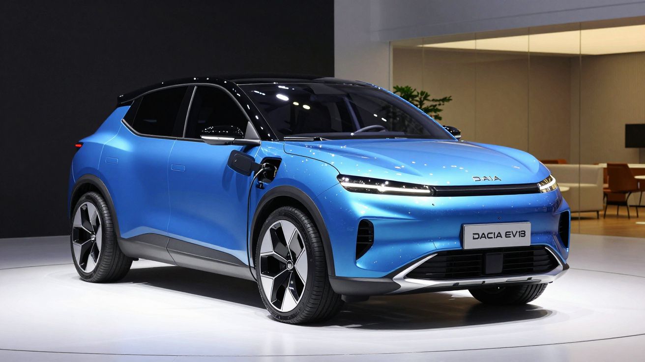 SUV elétrico azul Dacia EV131 preto exposto em ambiente interno moderno