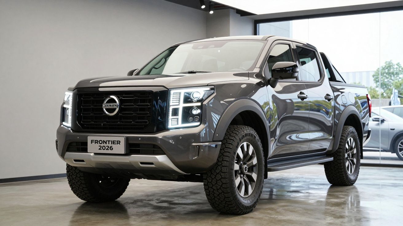 Pick-up Nissan Frontier 2026 cinza em showroom com faróis ligados e rodas robustas.