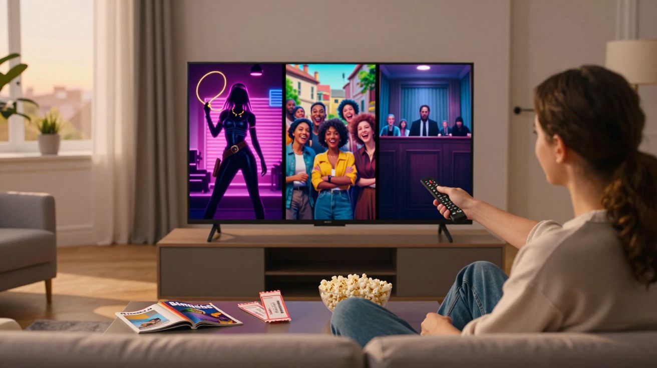 Mulher sentada no sofá assistindo a séries na TV com balde de pipoca e controle remoto na mão.