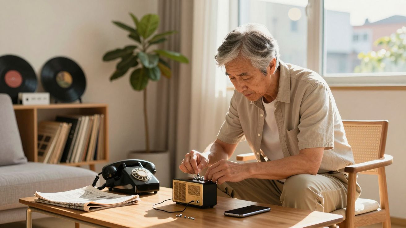 Homem idoso sentado ajustando rádio vintage sobre mesa de centro em sala de estar iluminada.