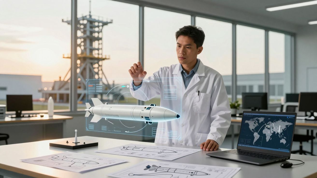 Engenheiro em laboratório interagindo com holograma de foguete e mapas na tela do laptop.