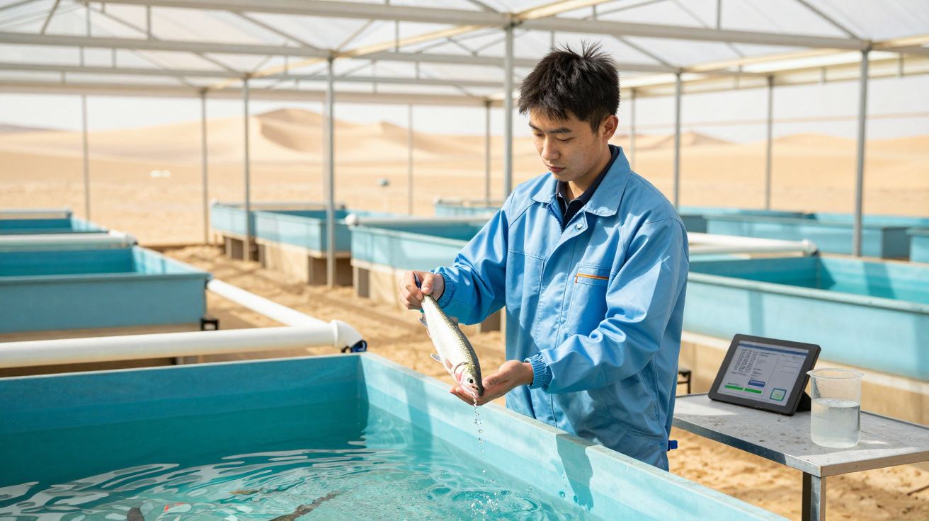 Homem em jaleco azul segurando peixe em tanque de aquicultura coberto em ambiente externo.