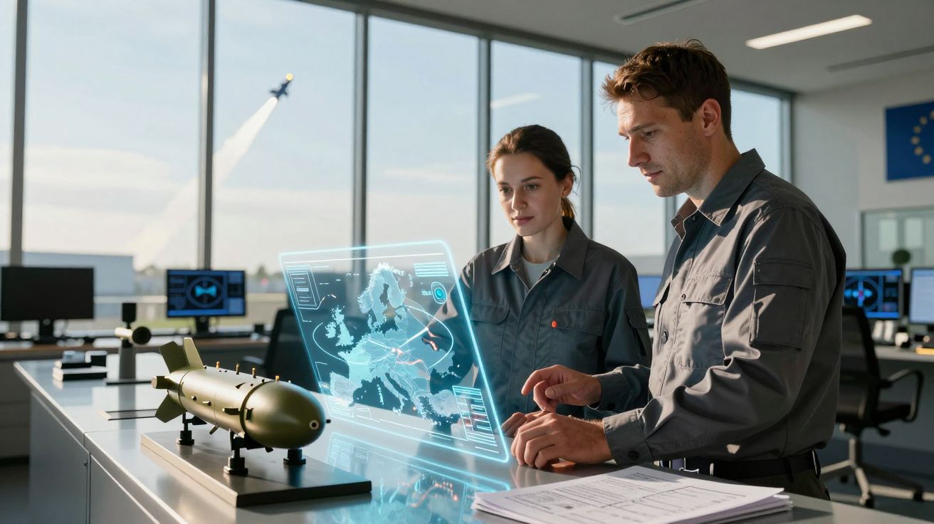 Dois técnicos analisam holograma de mapa europeu em sala de controle com modelo de míssil sobre mesa.