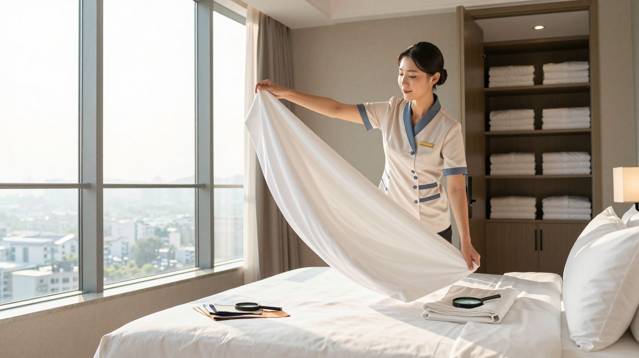 Camareira arrumando a cama em quarto de hotel com janela grande e vista da cidade ao fundo.