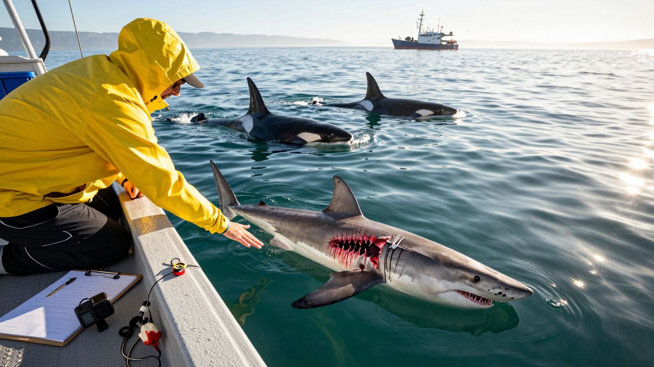Pesquisador em barco toca tubarão com ferimento e orcas nadam ao fundo em mar calmo sob sol.