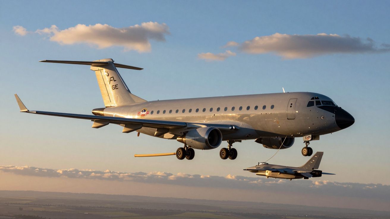 Aviões militares voando próximos ao pôr do sol com céu azul e algumas nuvens.