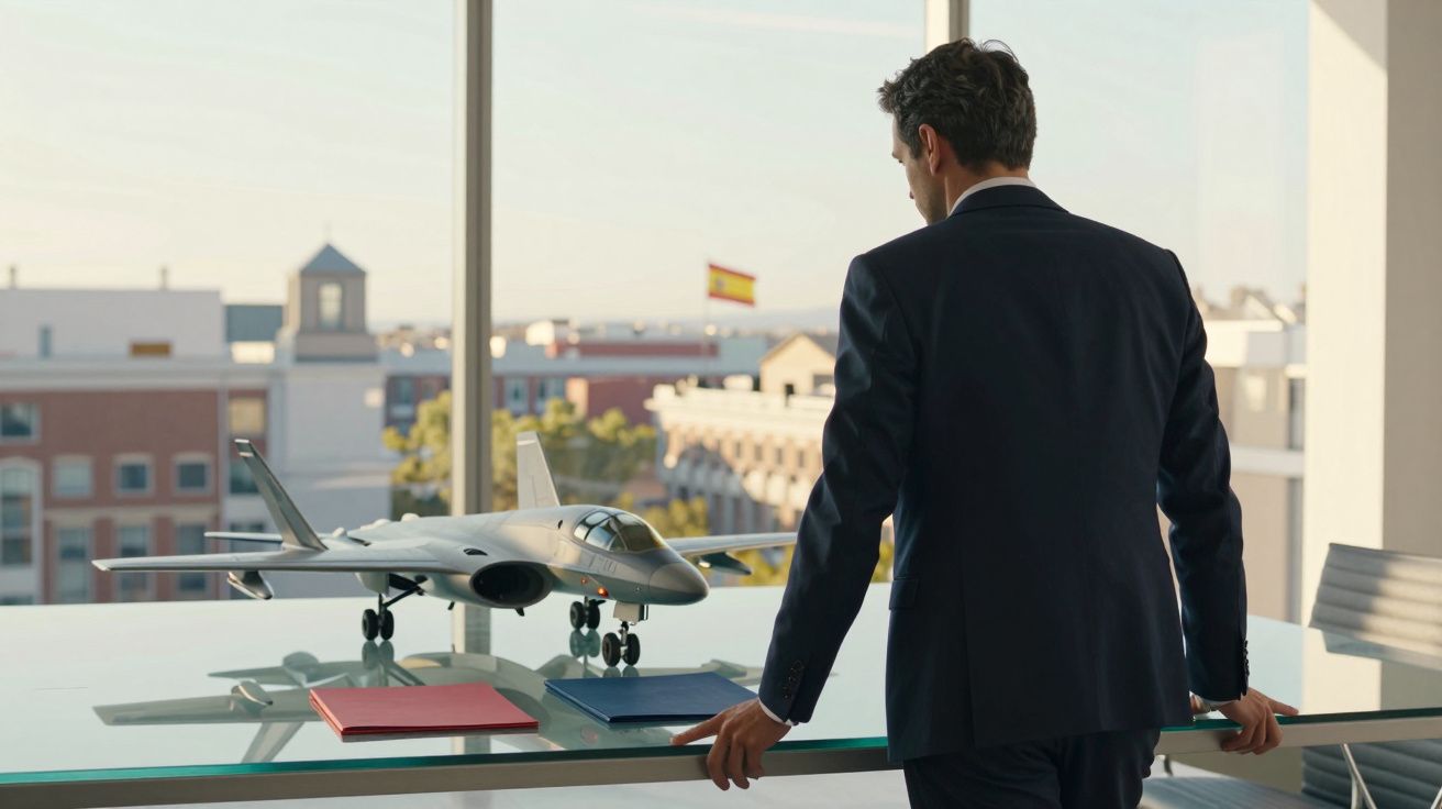 Homem de terno observa maquete de avião em mesa de vidro em escritório com vista urbana ao fundo.