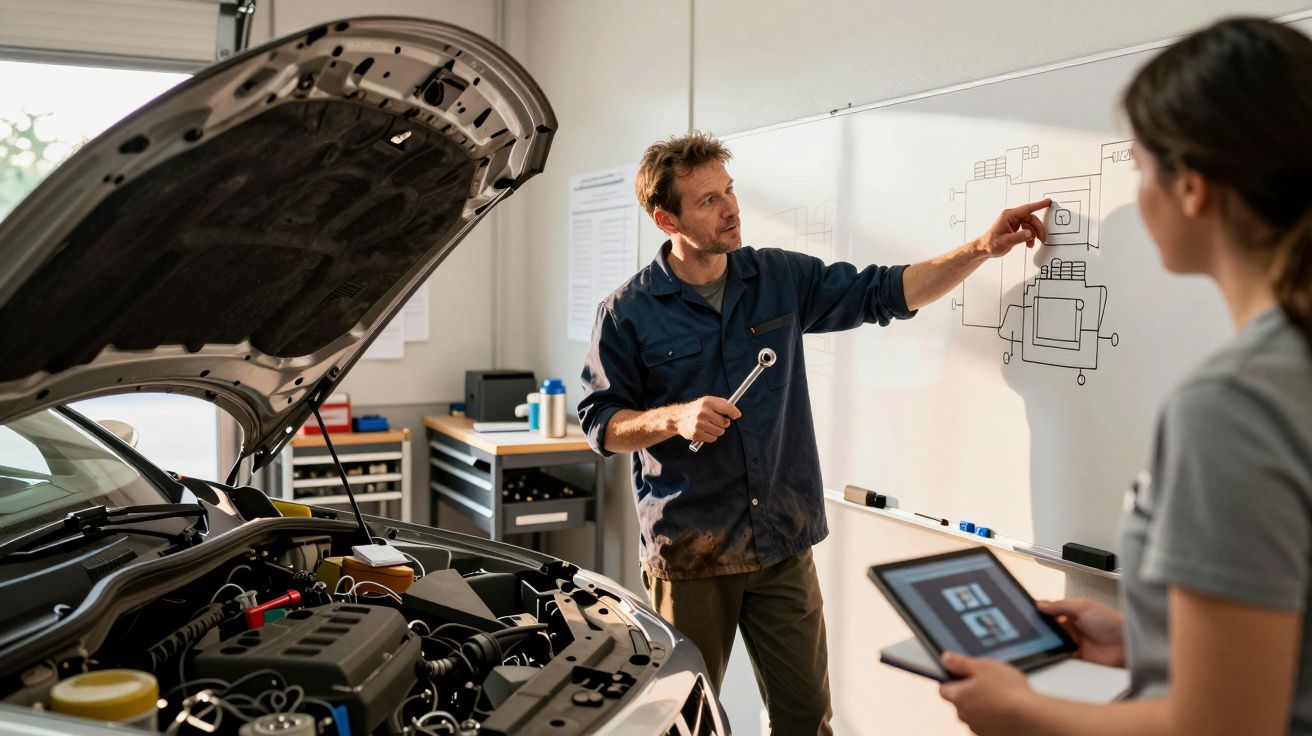 Homem explica sistema elétrico automotivo em quadro branco para mulher com tablet em oficina.
