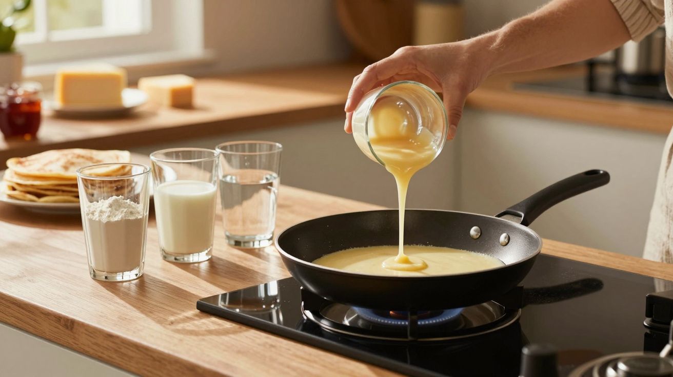 Pessoa despejando massa de panqueca em frigideira no fogão, ao lado de copos com ingredientes.
