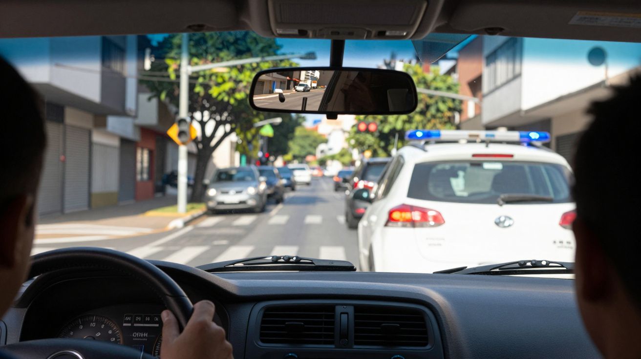 Interior de carro com motorista acompanhando carro de polícia em trânsito urbano sob luz do dia.