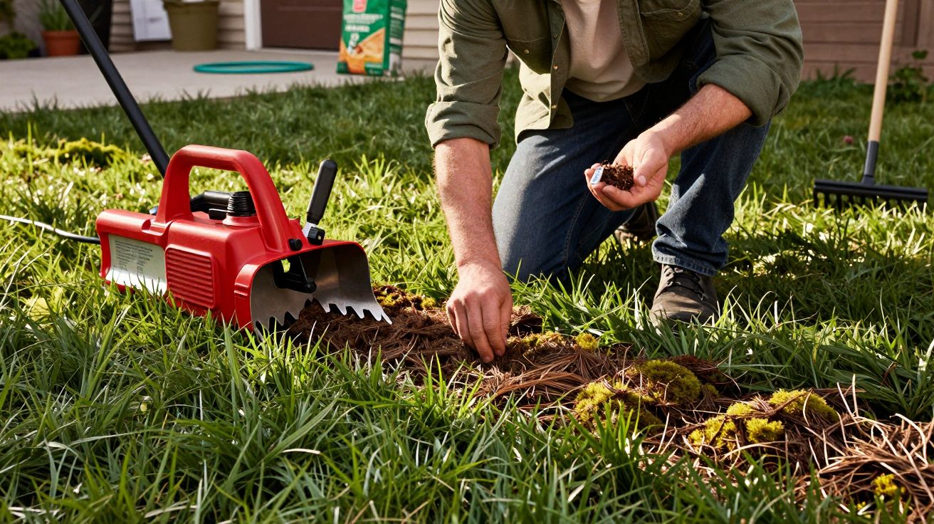 Pessoa usando detector de metais no jardim, examinando terra com as mãos agachada na grama.