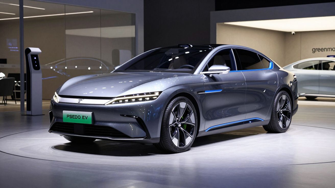 Carro elétrico cinza PSEDO EV exposto em ambiente moderno com estação de recarga ao fundo.